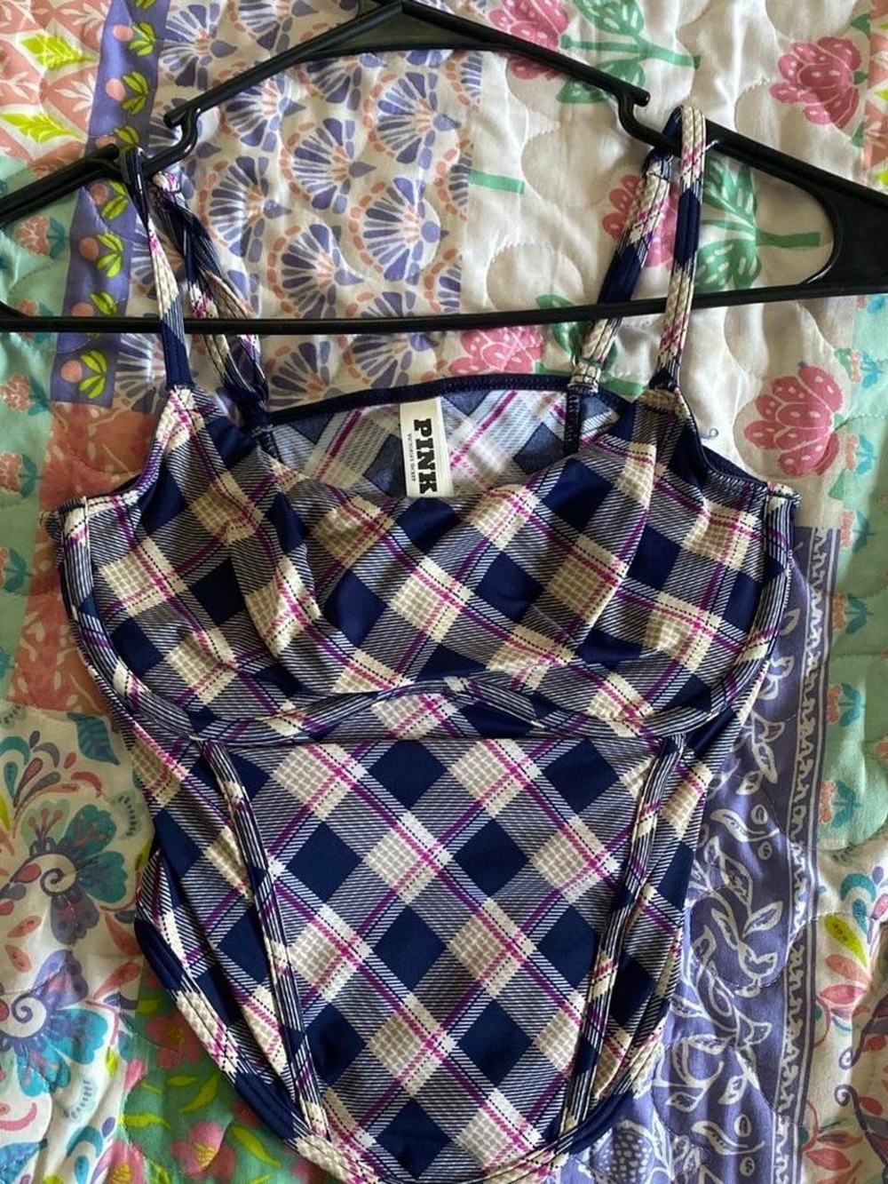 PINK Victoria's Secret Navy Plaid Crop Top with Pink and Cream Stripes
